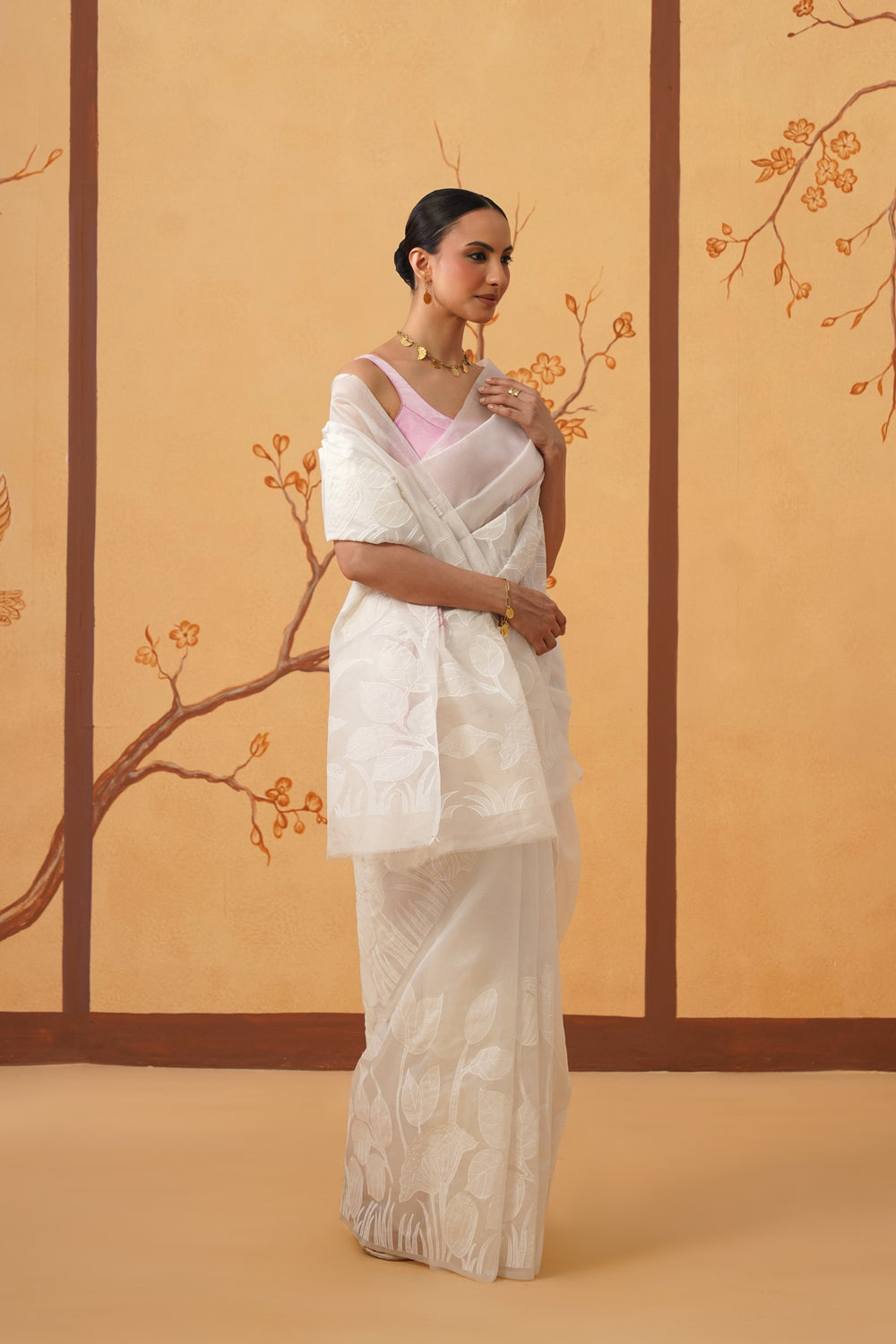Kora Organza Saree in Pearl White with Pink Floral Embroidery & Appliqué