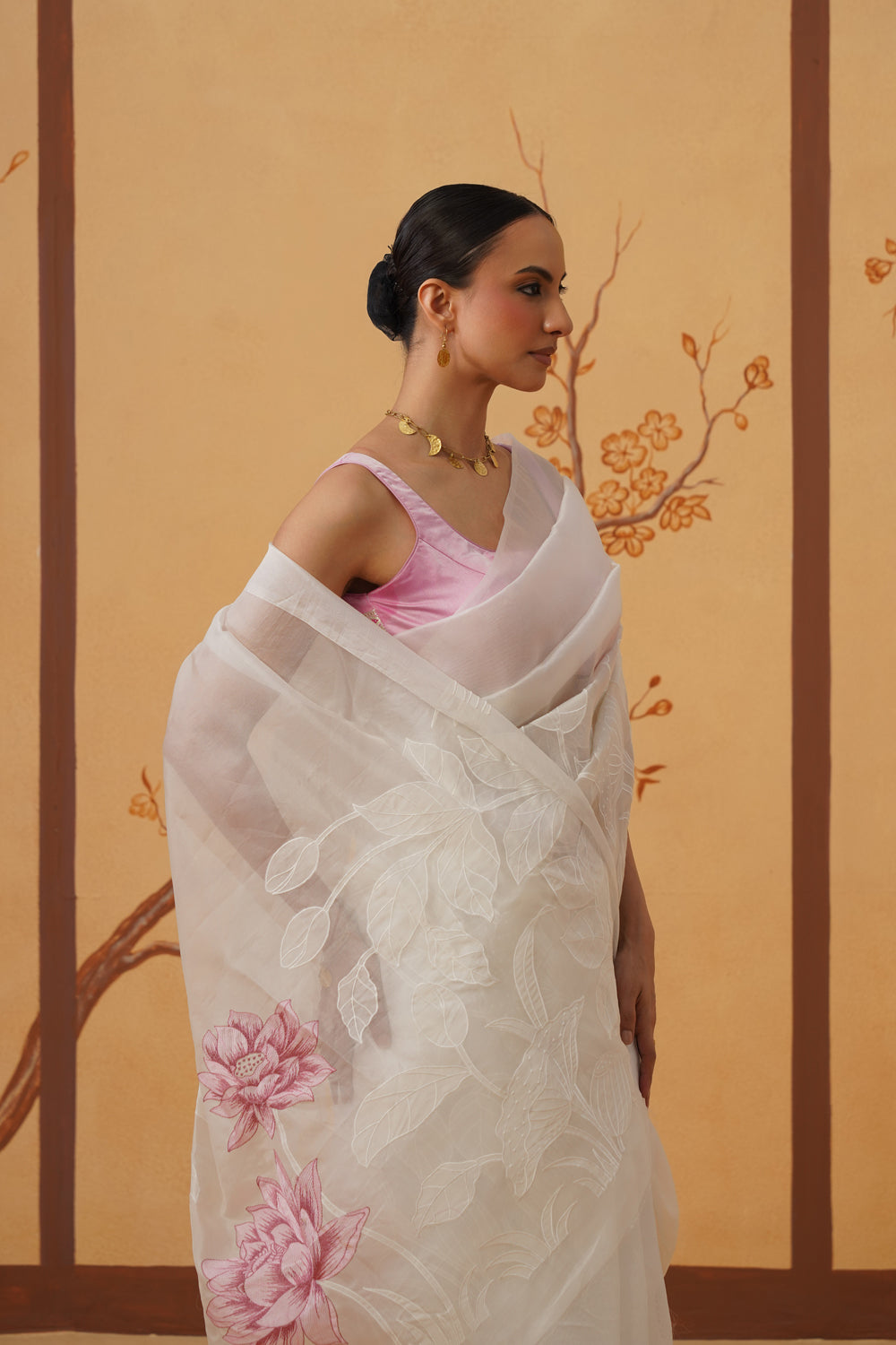 Kora Organza Saree in Pearl White with Pink Floral Embroidery & Appliqué