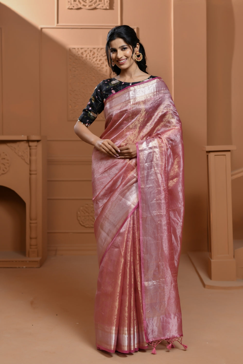 Luminous Pink Tissue Silk Saree with Floral Jaal-Banarasiya