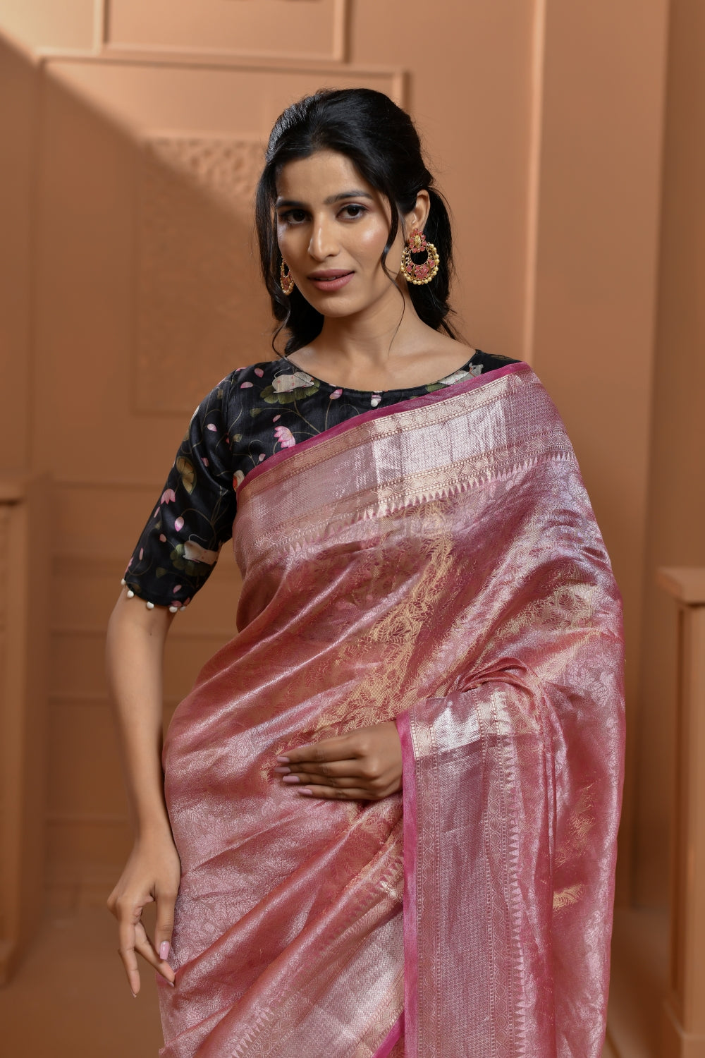 Luminous Pink Tissue Silk Saree with Floral Jaal-Banarasiya
