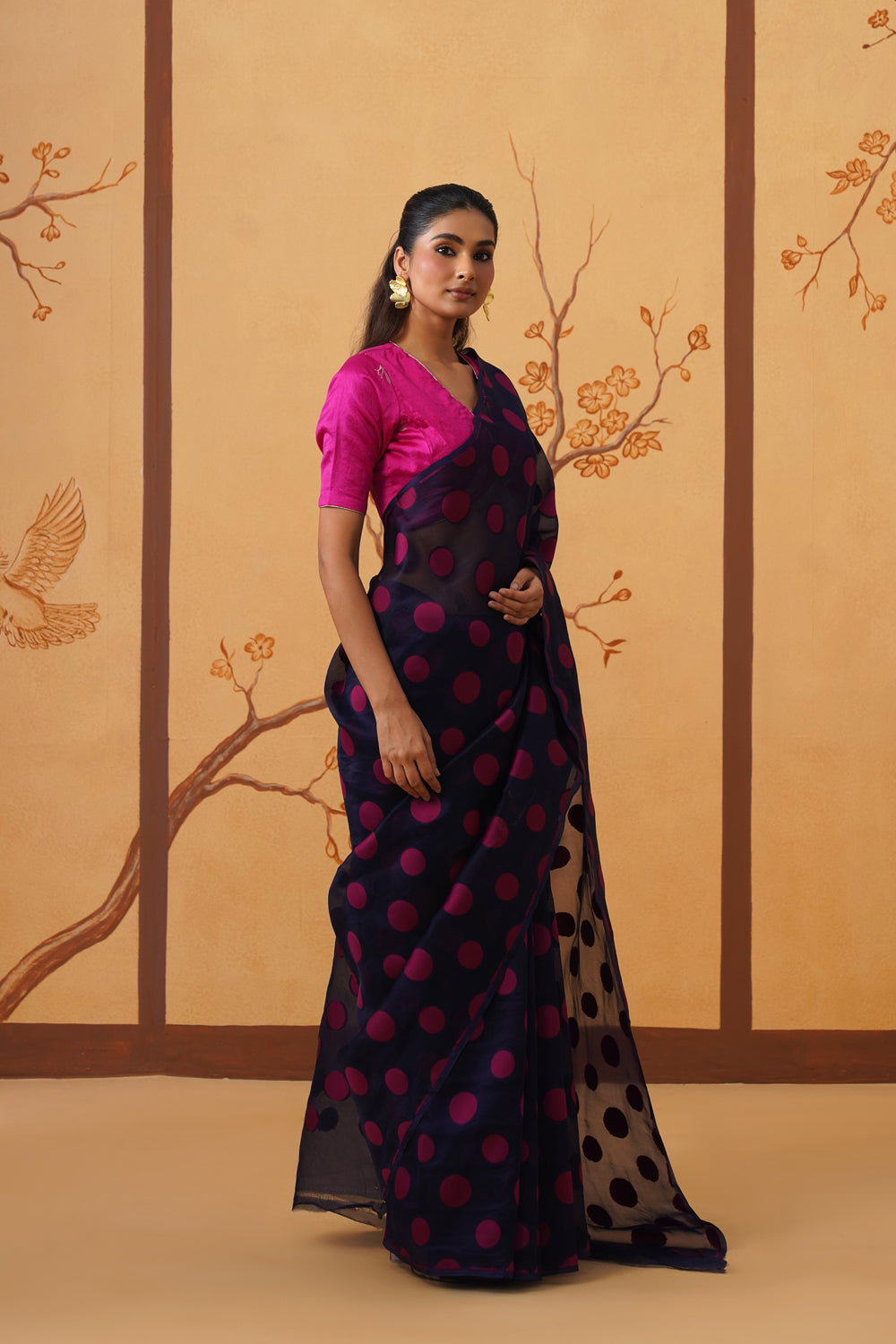 Midnight Blue Kora Organza Saree with Bold Polka Prints