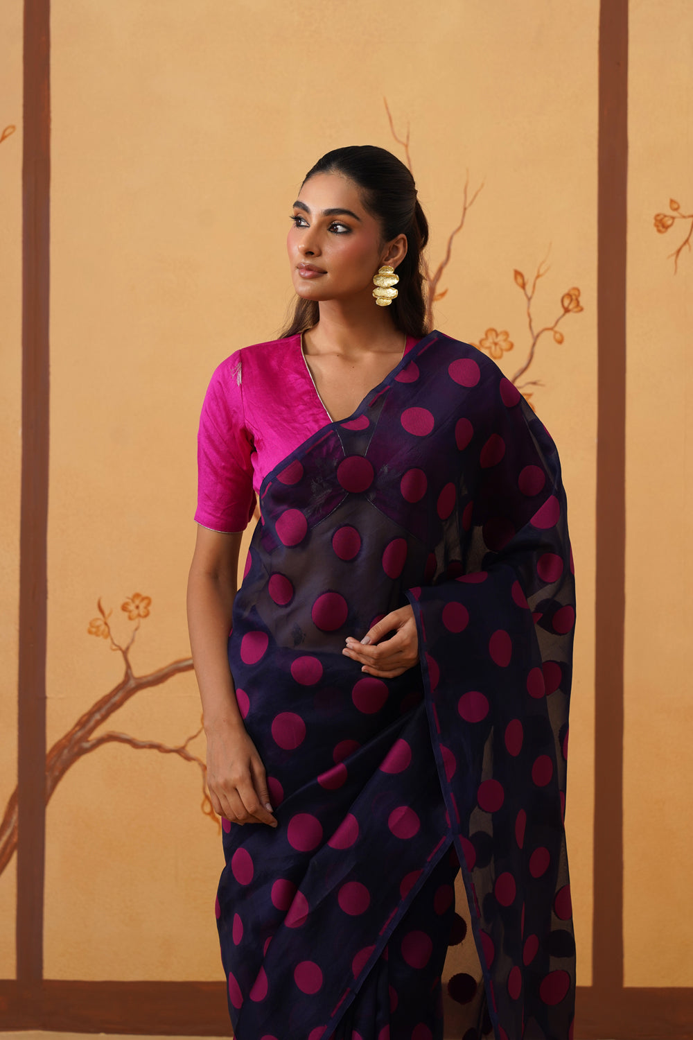 Midnight Blue Kora Organza Saree with Bold Polka Prints