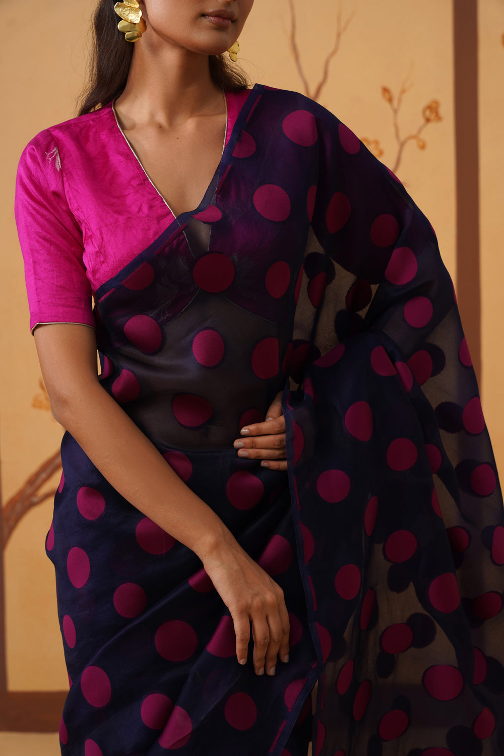 Midnight Blue Kora Organza Saree with Bold Polka Prints