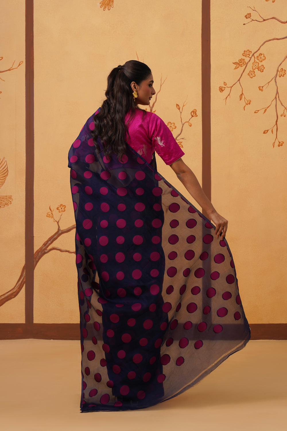 Midnight Blue Kora Organza Saree with Bold Polka Prints