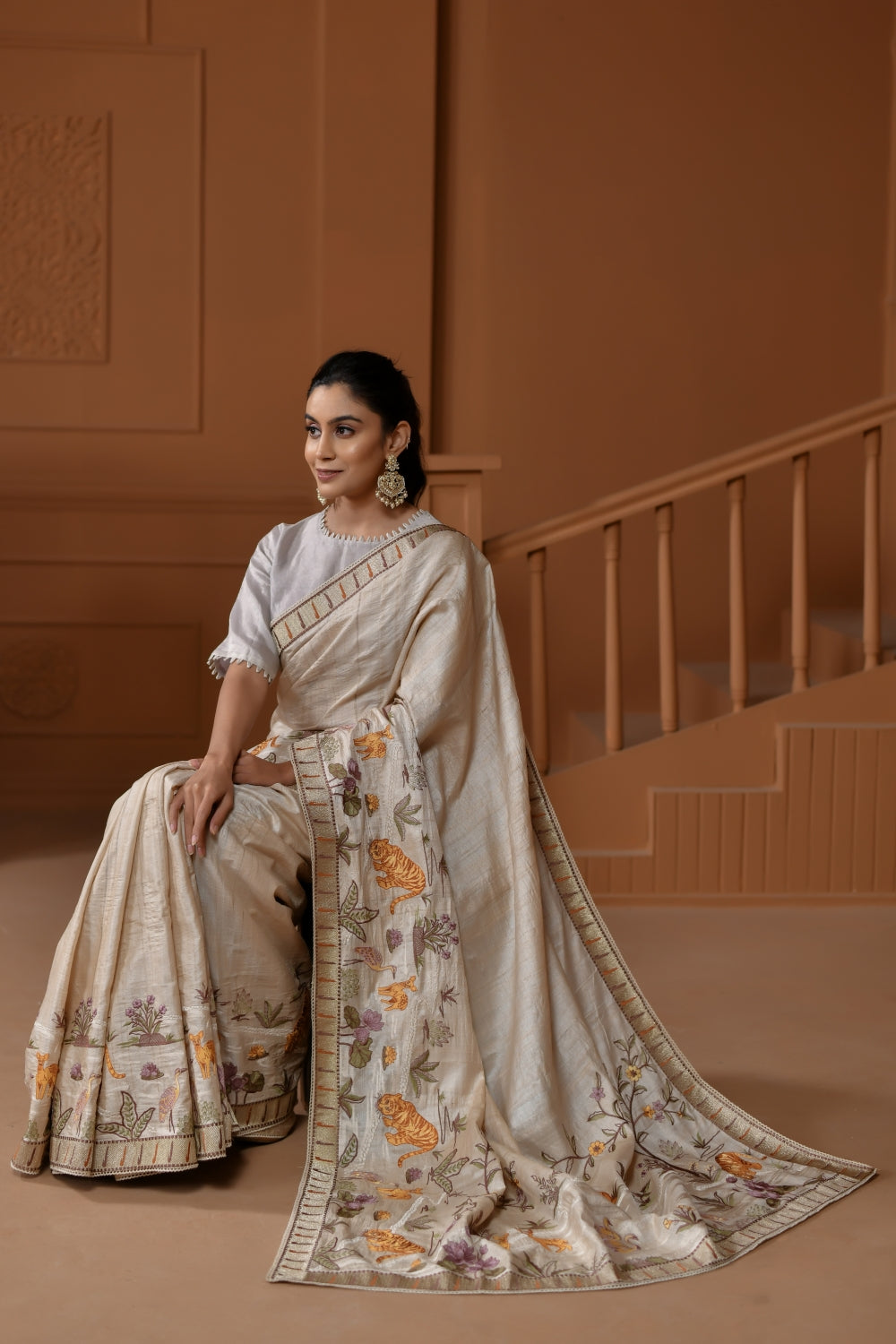 Naturally Textured Pure Tussar Silk with Shikargah Border