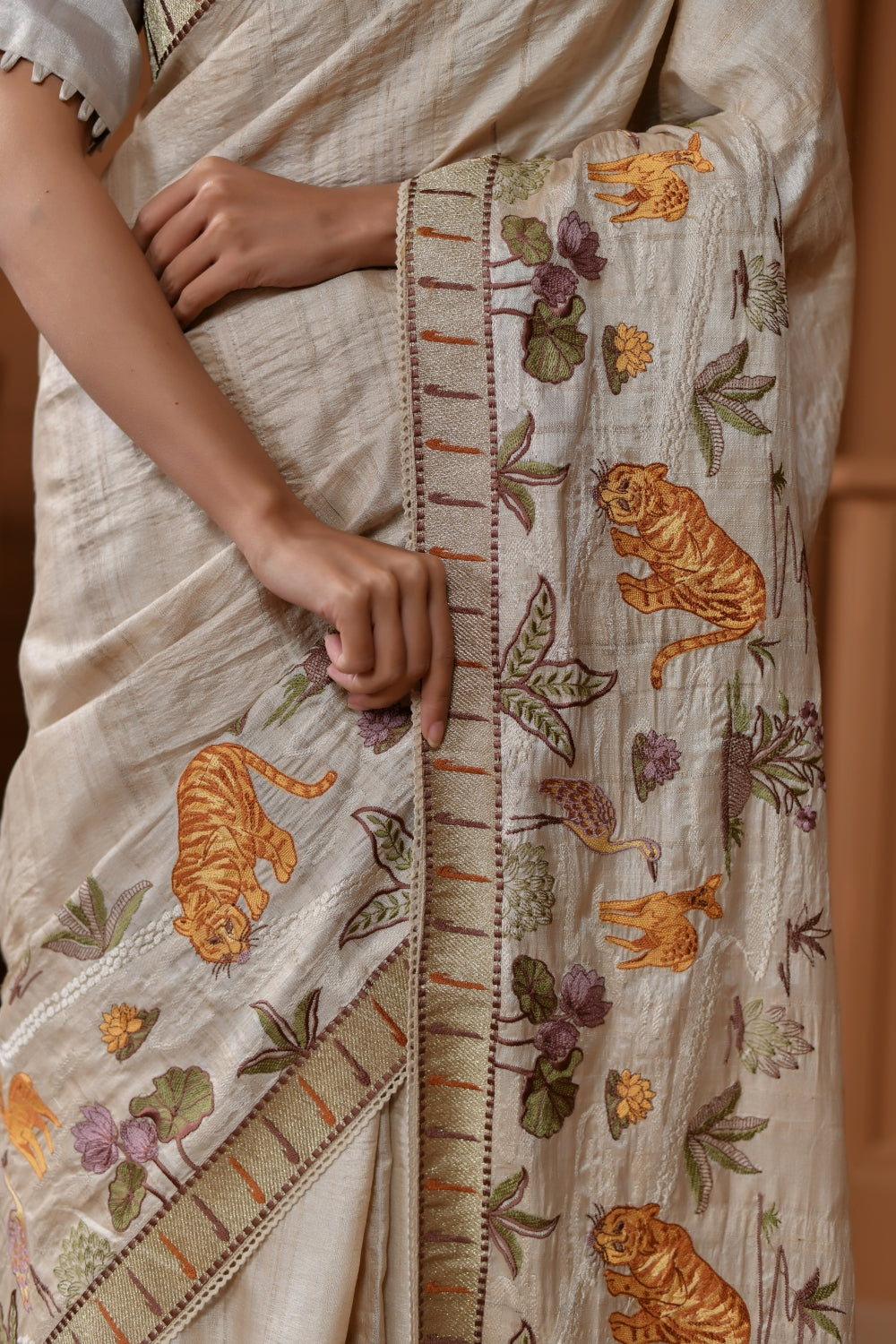 Naturally Textured Pure Tussar Silk with Shikargah Border