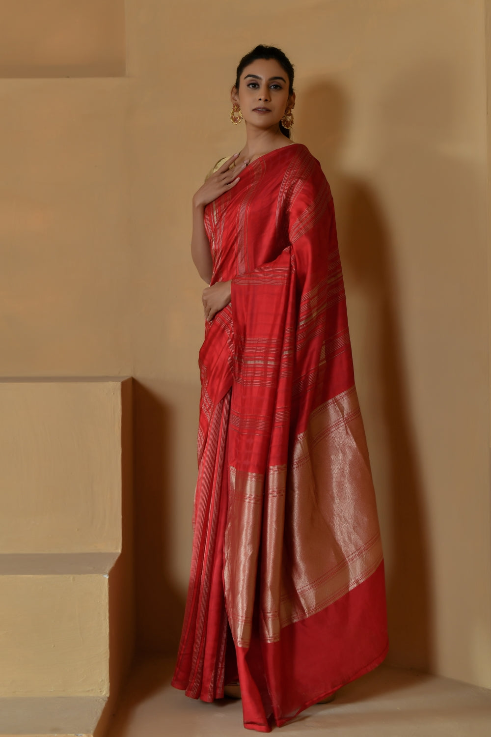 Pure Katan Organza Silk in Red with Stripe-Banarasiya