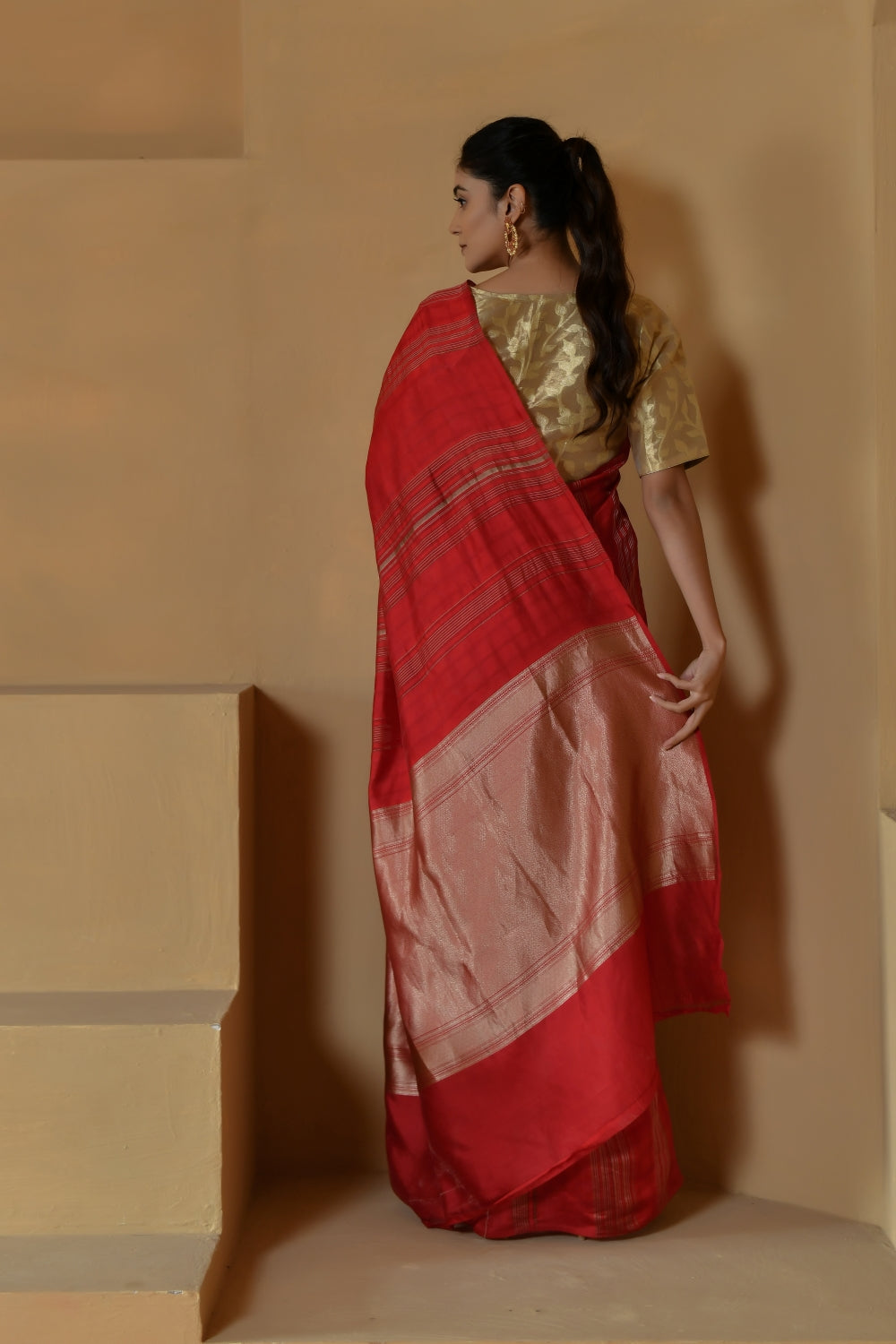 Pure Katan Organza Silk in Red with Stripe-Banarasiya