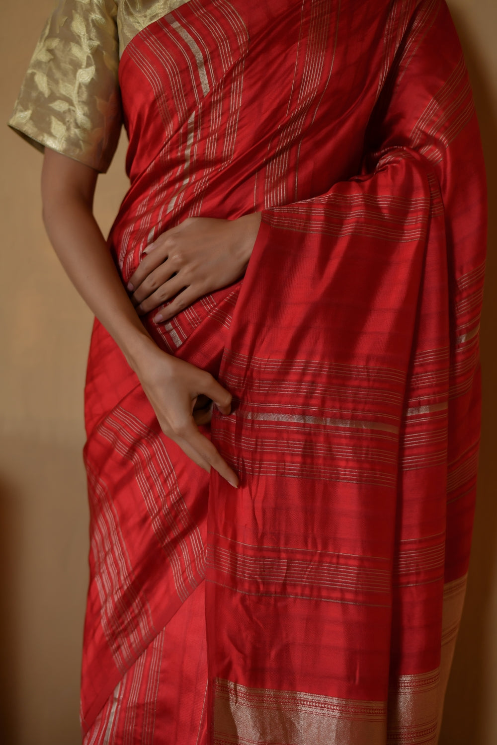 Pure Katan Organza Silk in Red with Stripe-Banarasiya