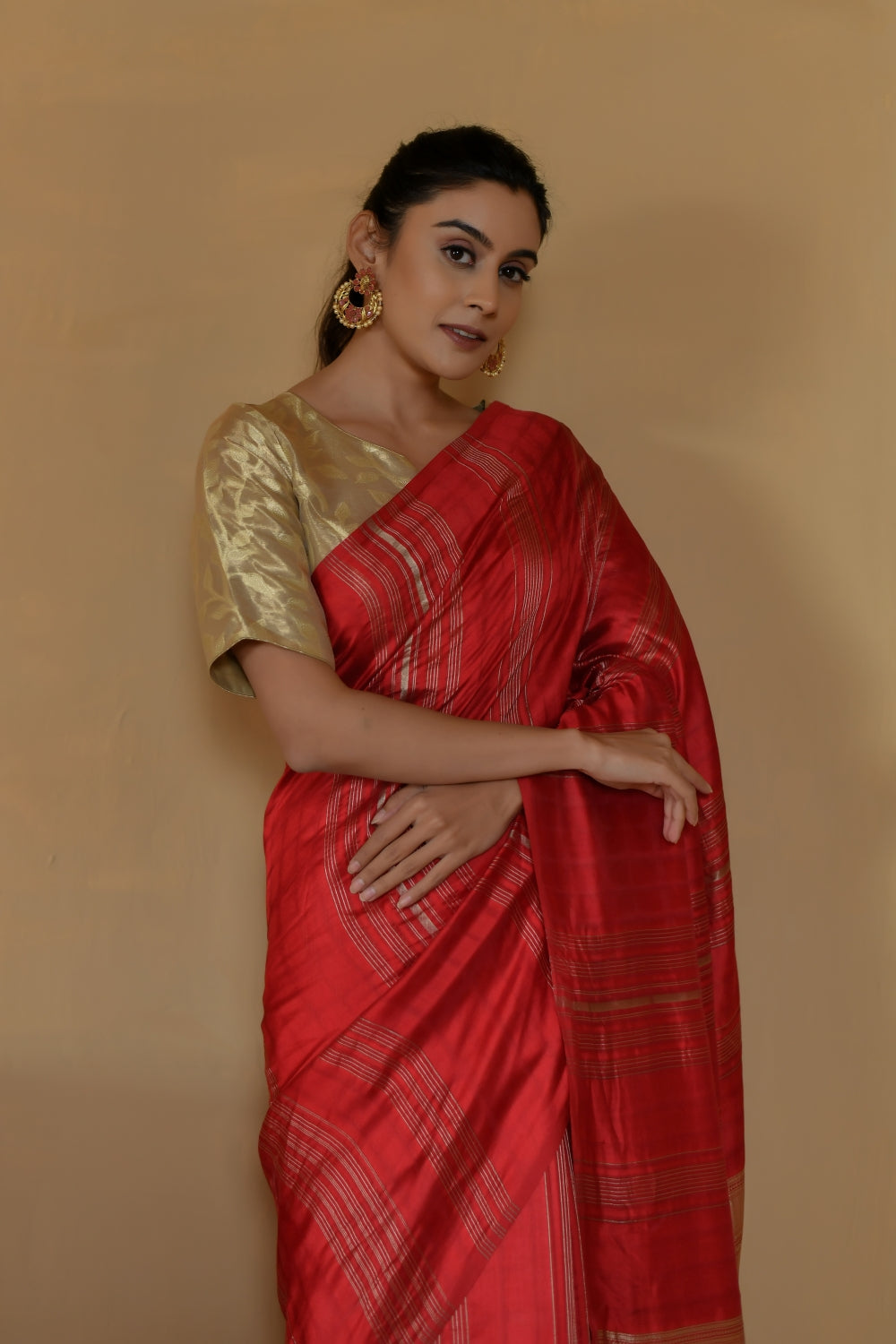 Pure Katan Organza Silk in Red with Stripe-Banarasiya