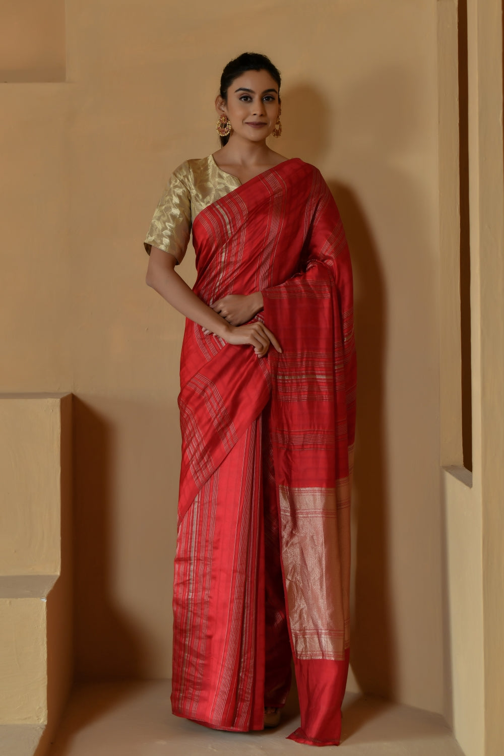 Pure Katan Organza Silk in Red with Stripe-Banarasiya