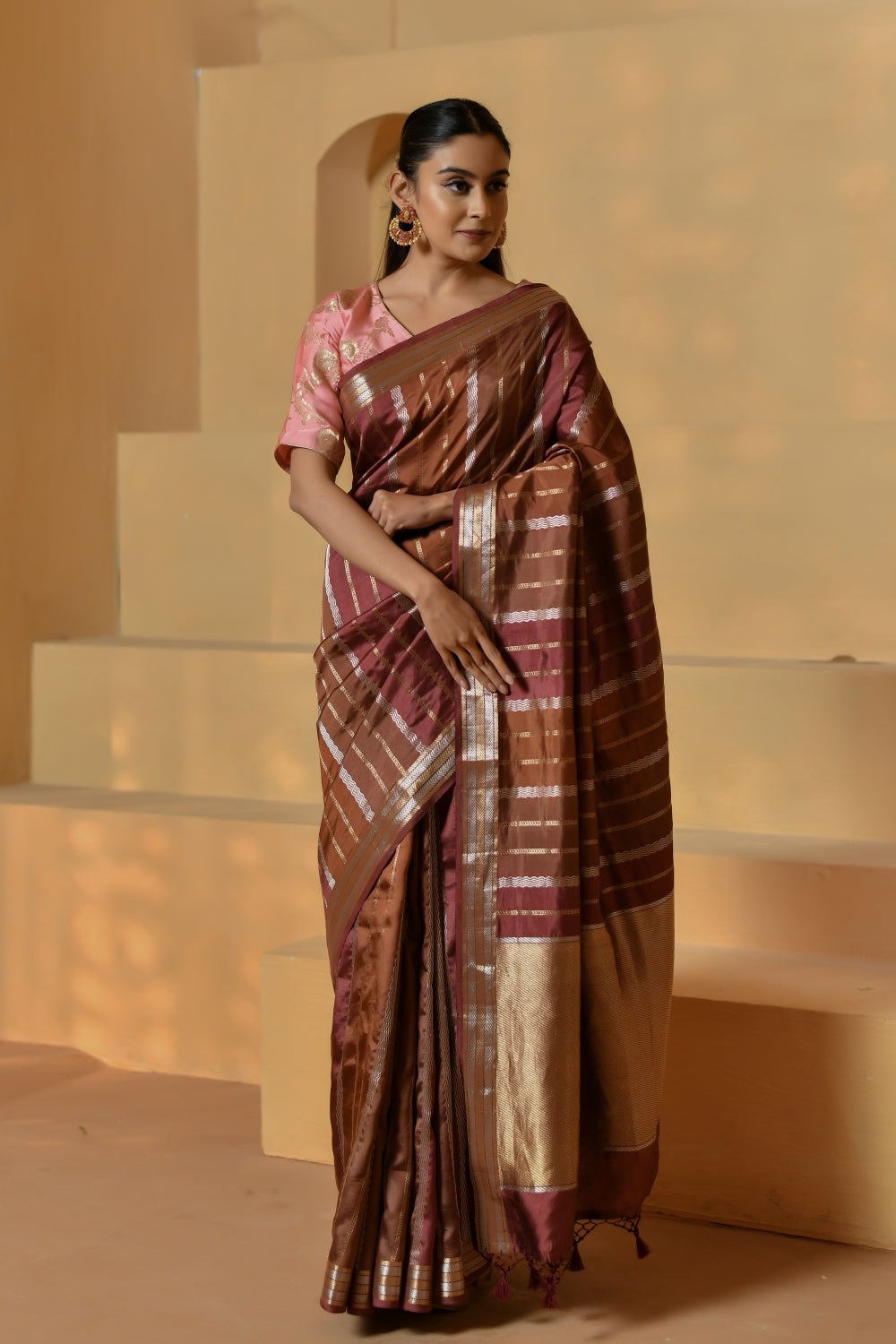 Pure Katan Silk in Deep Wine with Stripes-Banarasiya
