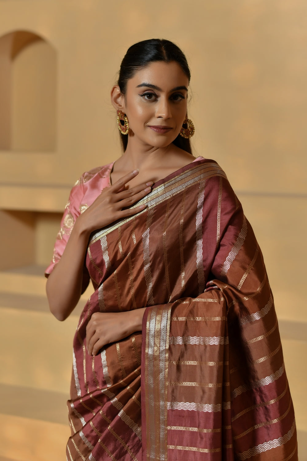 Pure Katan Silk in Deep Wine with Stripes-Banarasiya