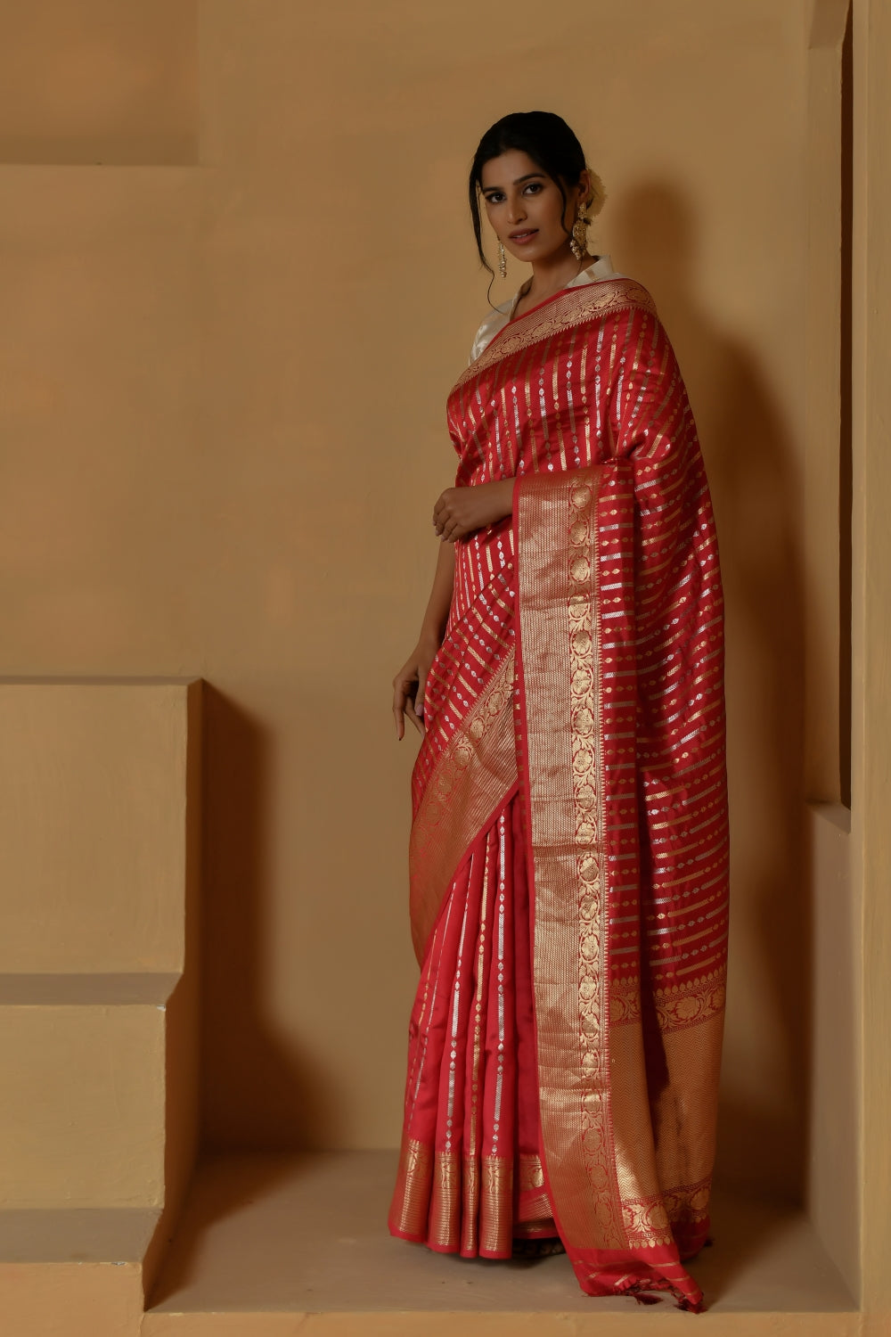Pure Katan Silk in Red with Stripes Handloom Banarasi saree-Banarasiya