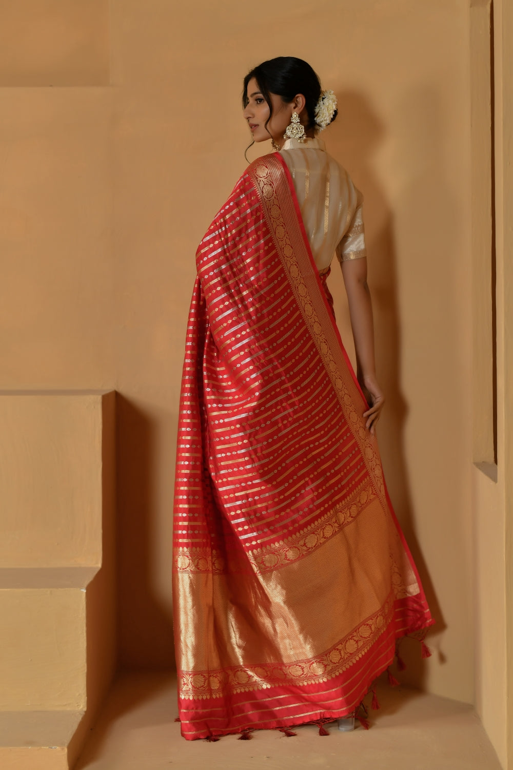 Pure Katan Silk in Red with Stripes Handloom Banarasi saree-Banarasiya