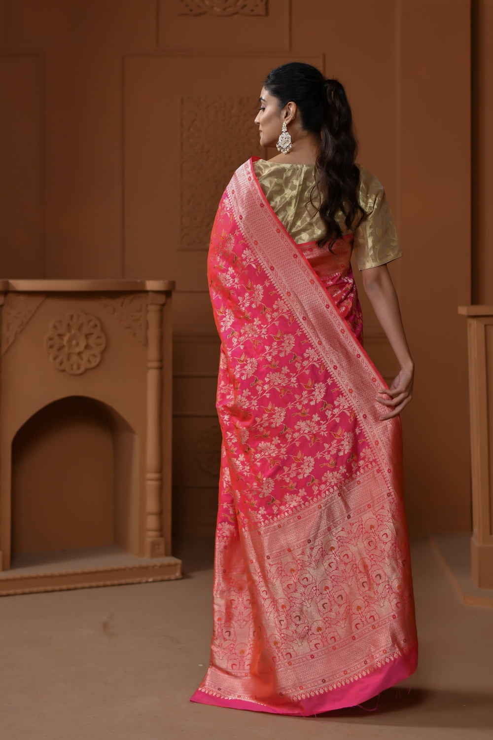Pure Pink Katan Silk Saree with Floral Motifs-Banarasiya