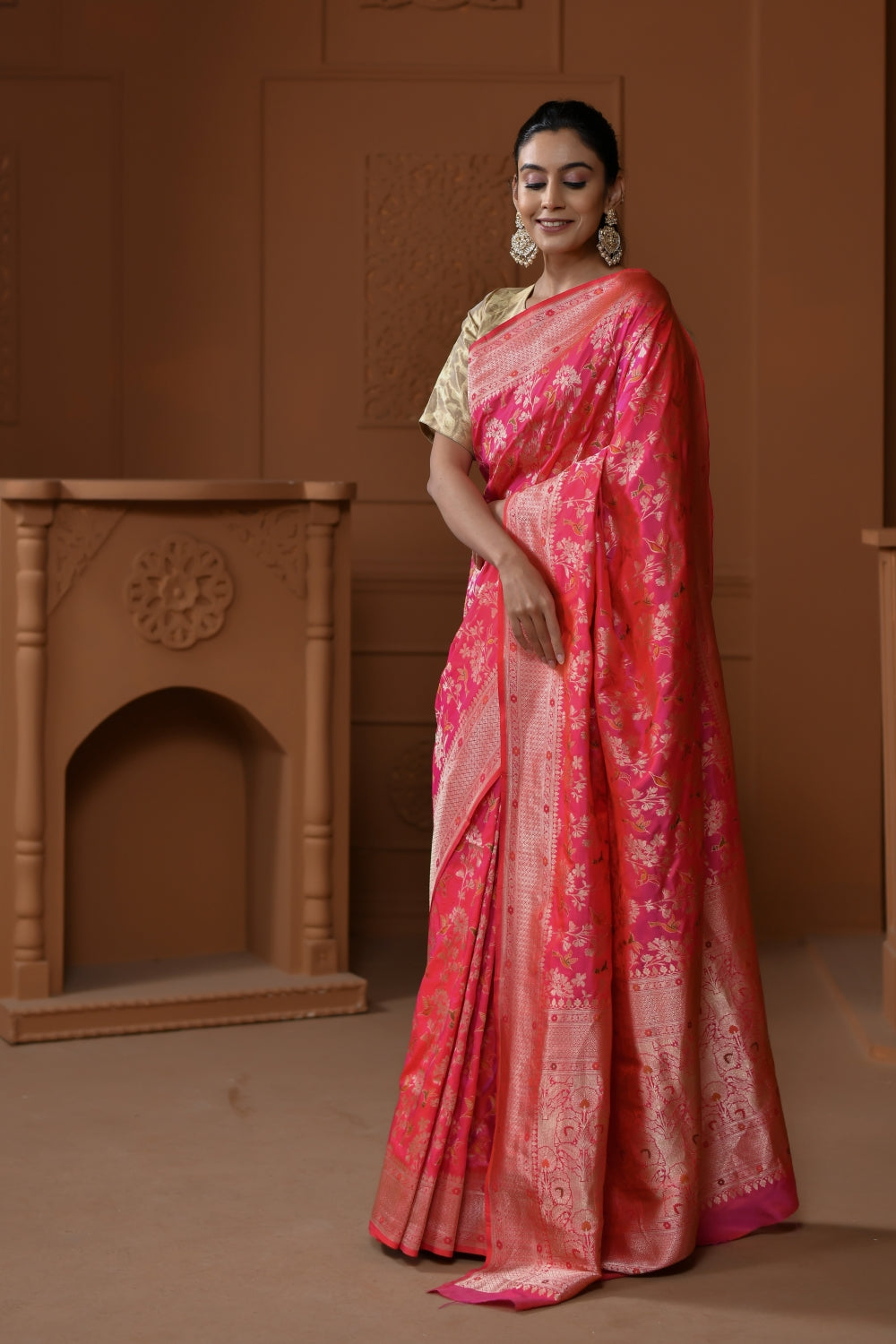 Pure Pink Katan Silk Saree with Floral Motifs-Banarasiya