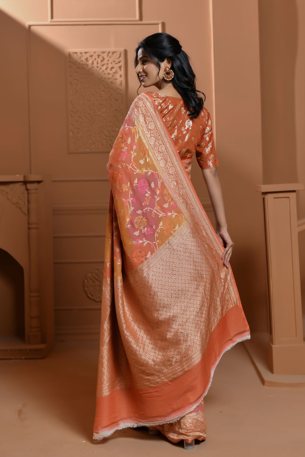 Pure Tussar Georgette in Soft-Peach with Meenakari Threadwork-Banarasiya