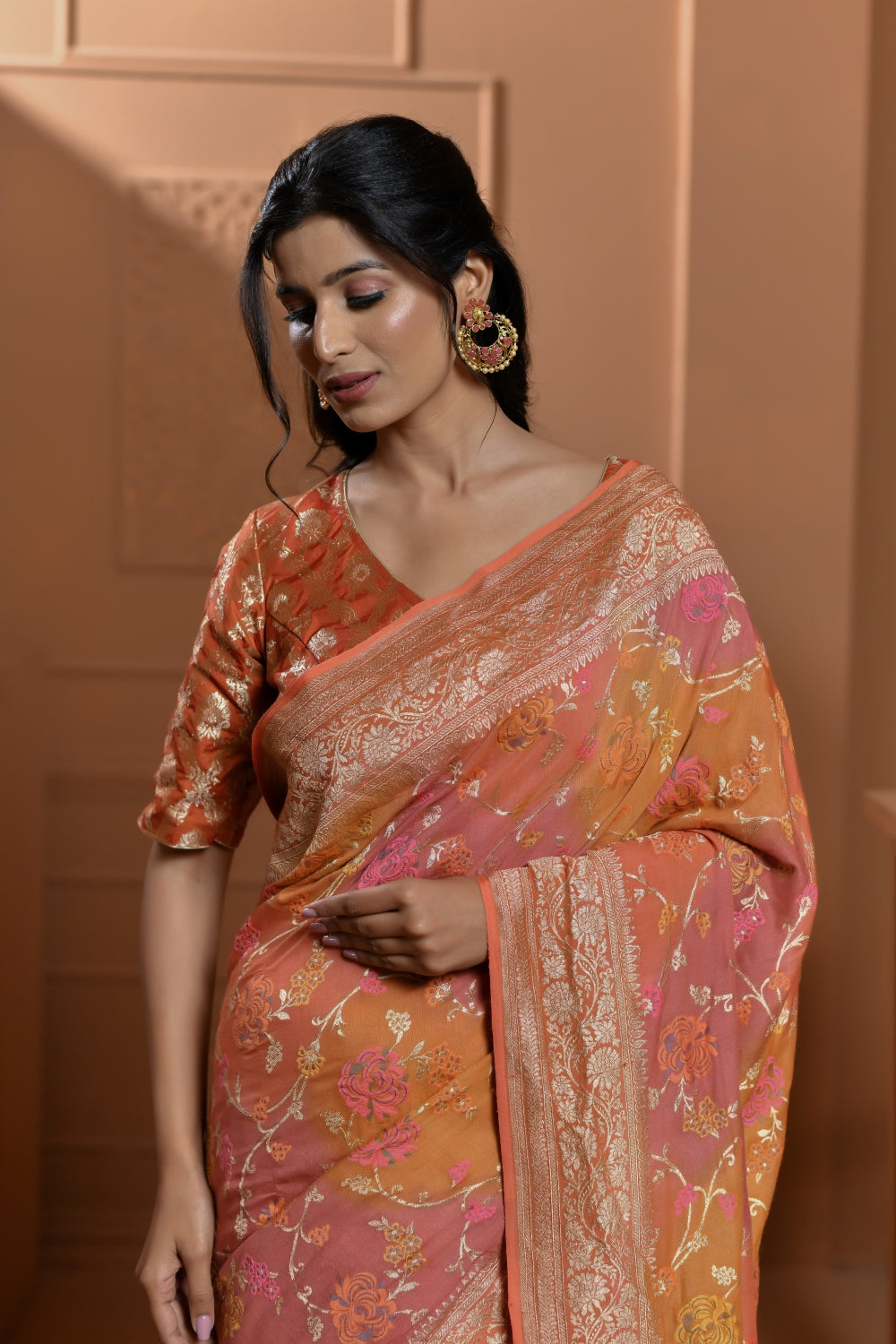 Pure Tussar Georgette in Soft-Peach with Meenakari Threadwork-Banarasiya