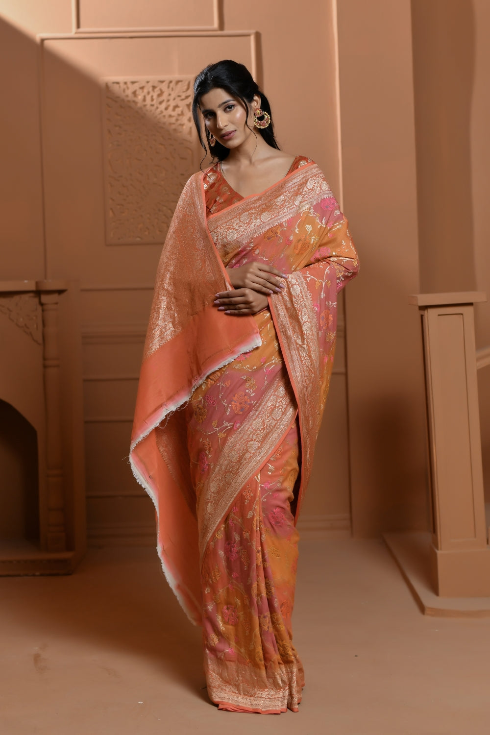 Pure Tussar Georgette in Soft-Peach with Meenakari Threadwork-Banarasiya