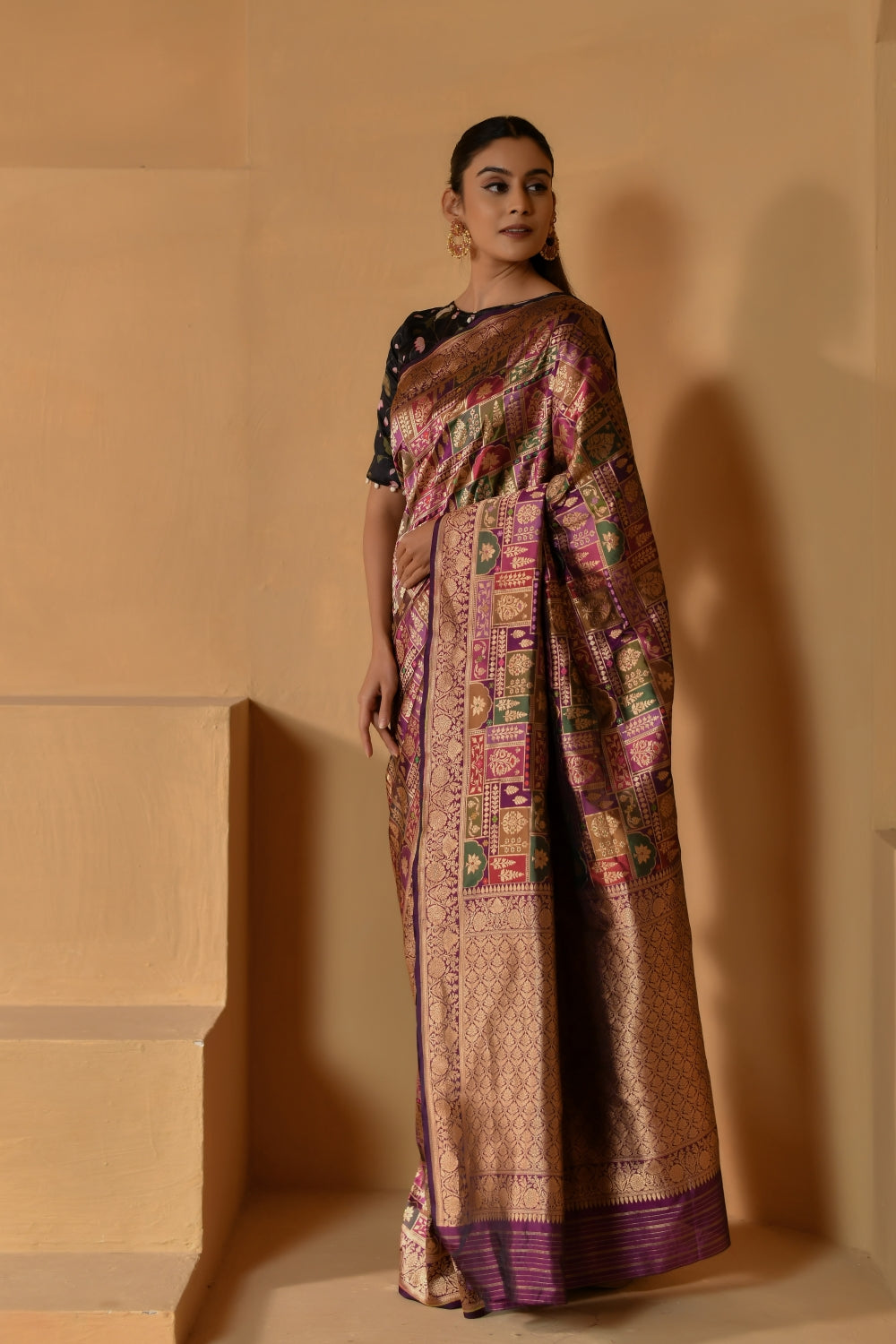 Rich Purple Katan Silk Saree with Floral Motifs