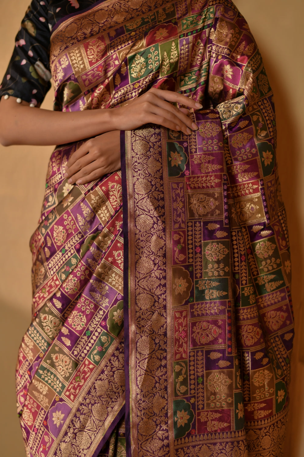 Rich Purple Katan Silk Saree with Floral Motifs