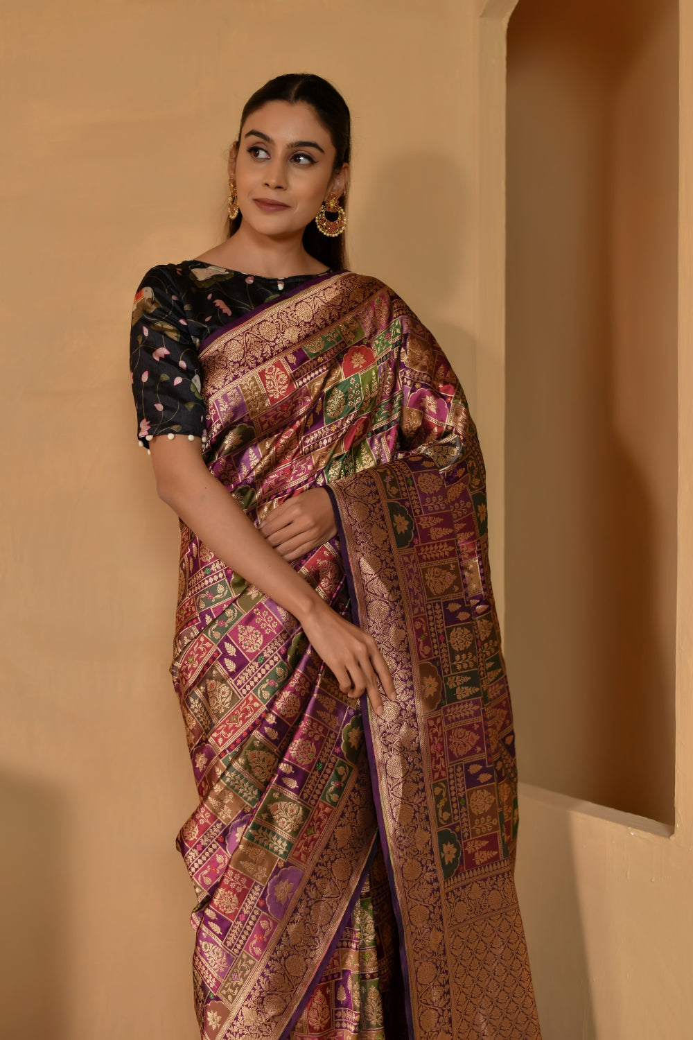 Rich Purple Katan Silk Saree with Floral Motifs