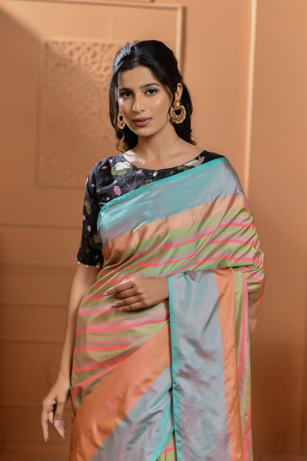 Striped Multi-Toned Katan Silk Saree-Banarasiya