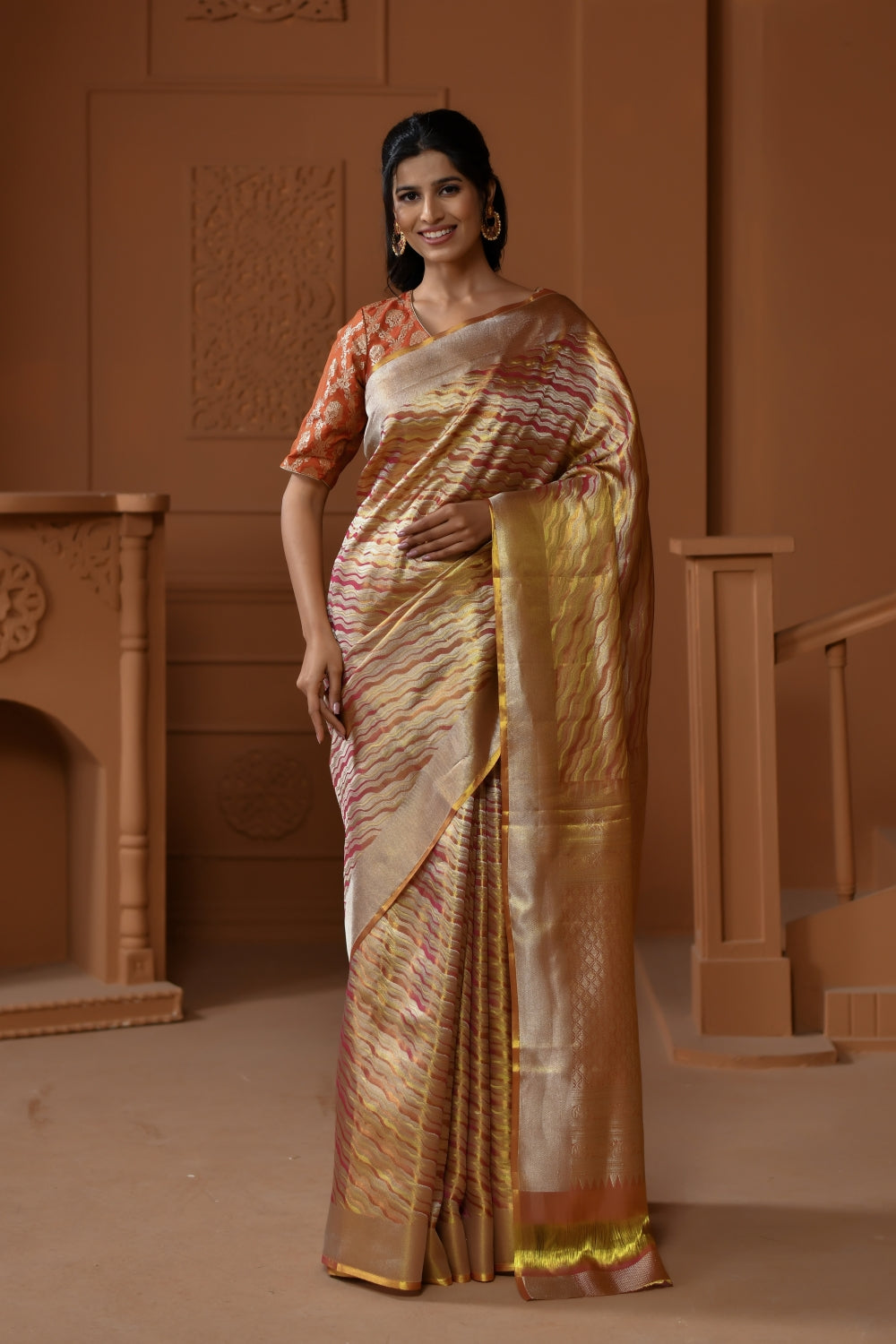 Sun - Warm Tissue Silk Saree with Fine Stripes