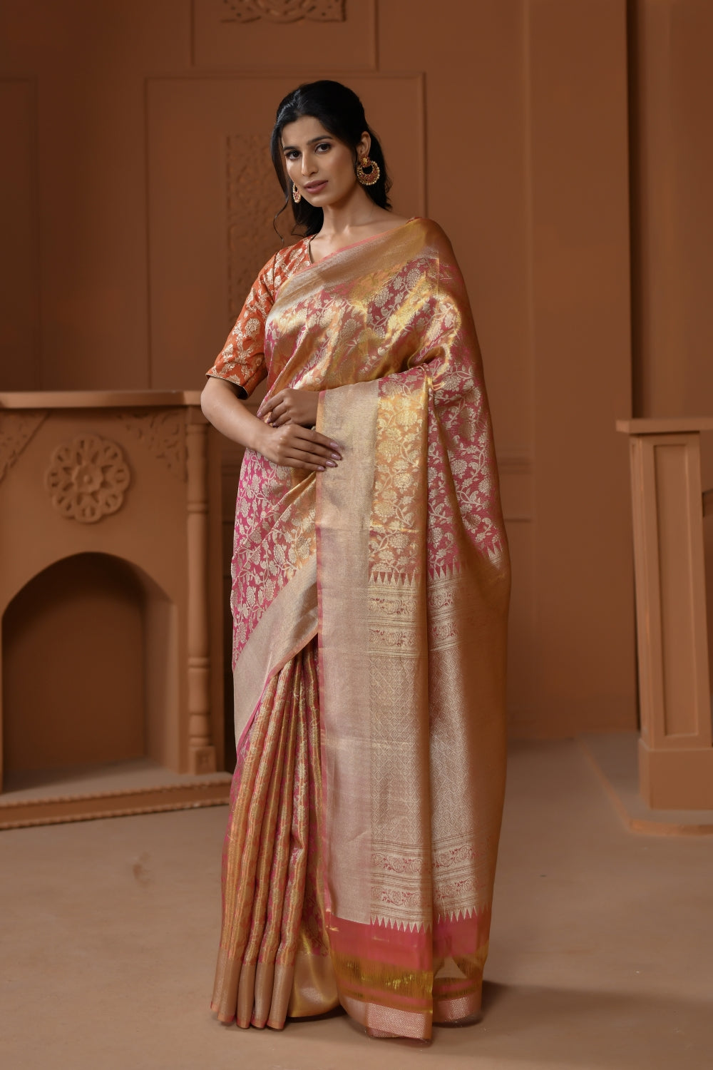 Warm Orange Tissue Silk Saree with Floral Jaal