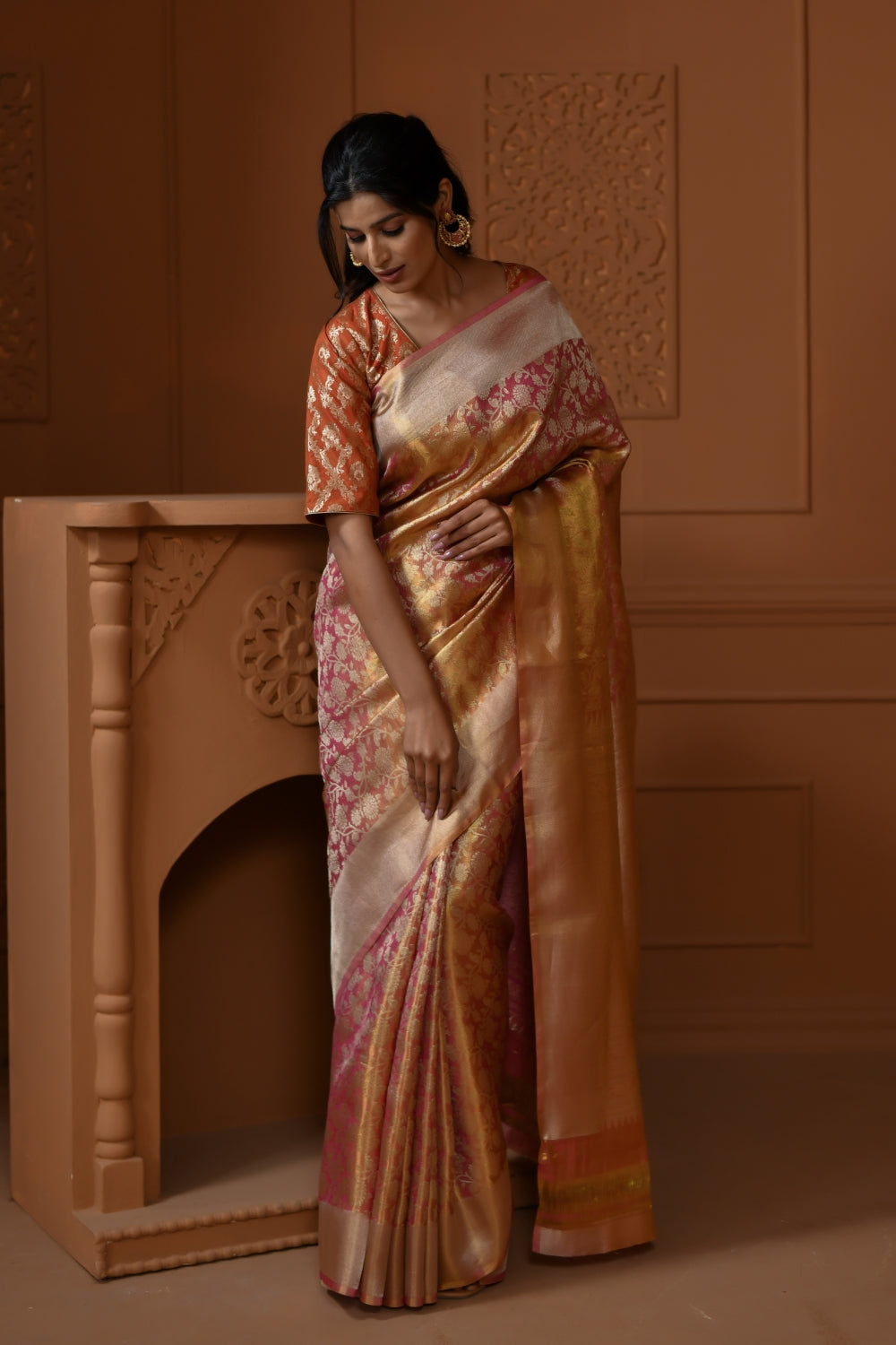Warm Orange Tissue Silk Saree with Floral Jaal