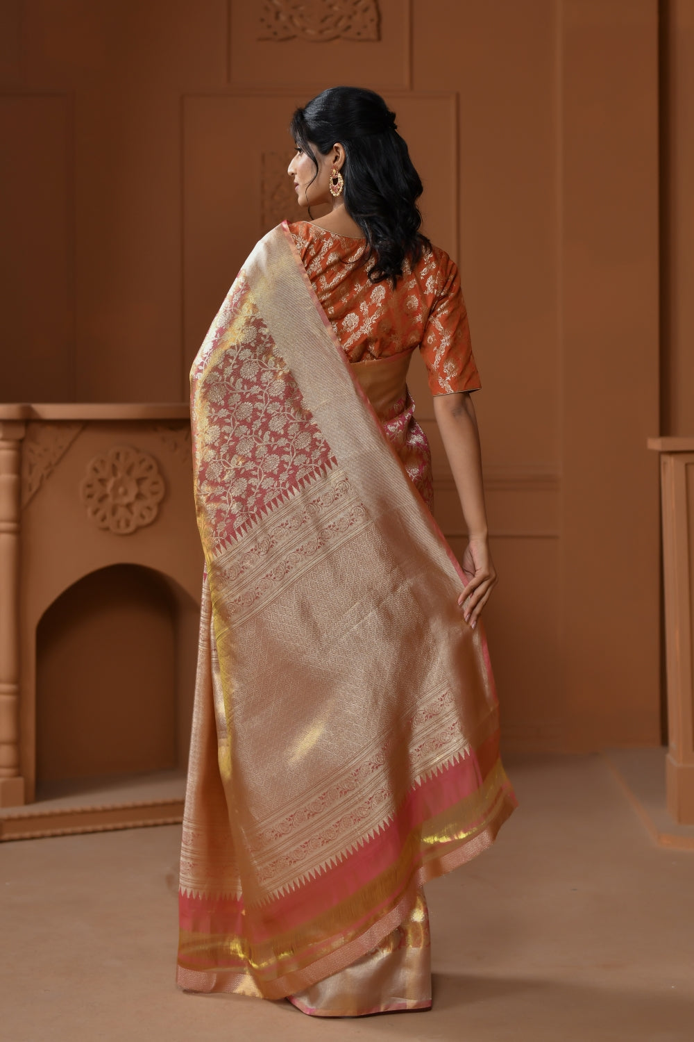 Warm Orange Tissue Silk Saree with Floral Jaal