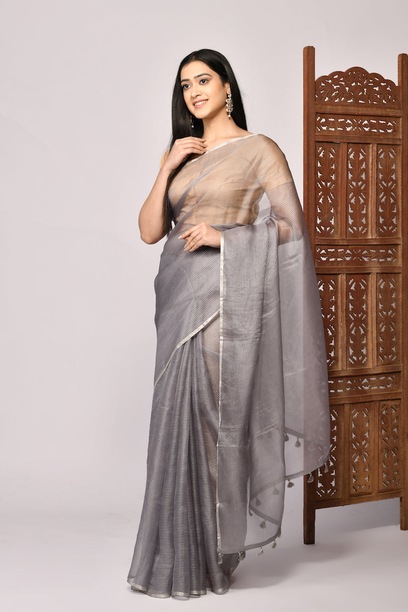 Grey Weaving Pure Organza Tissue Silk Saree