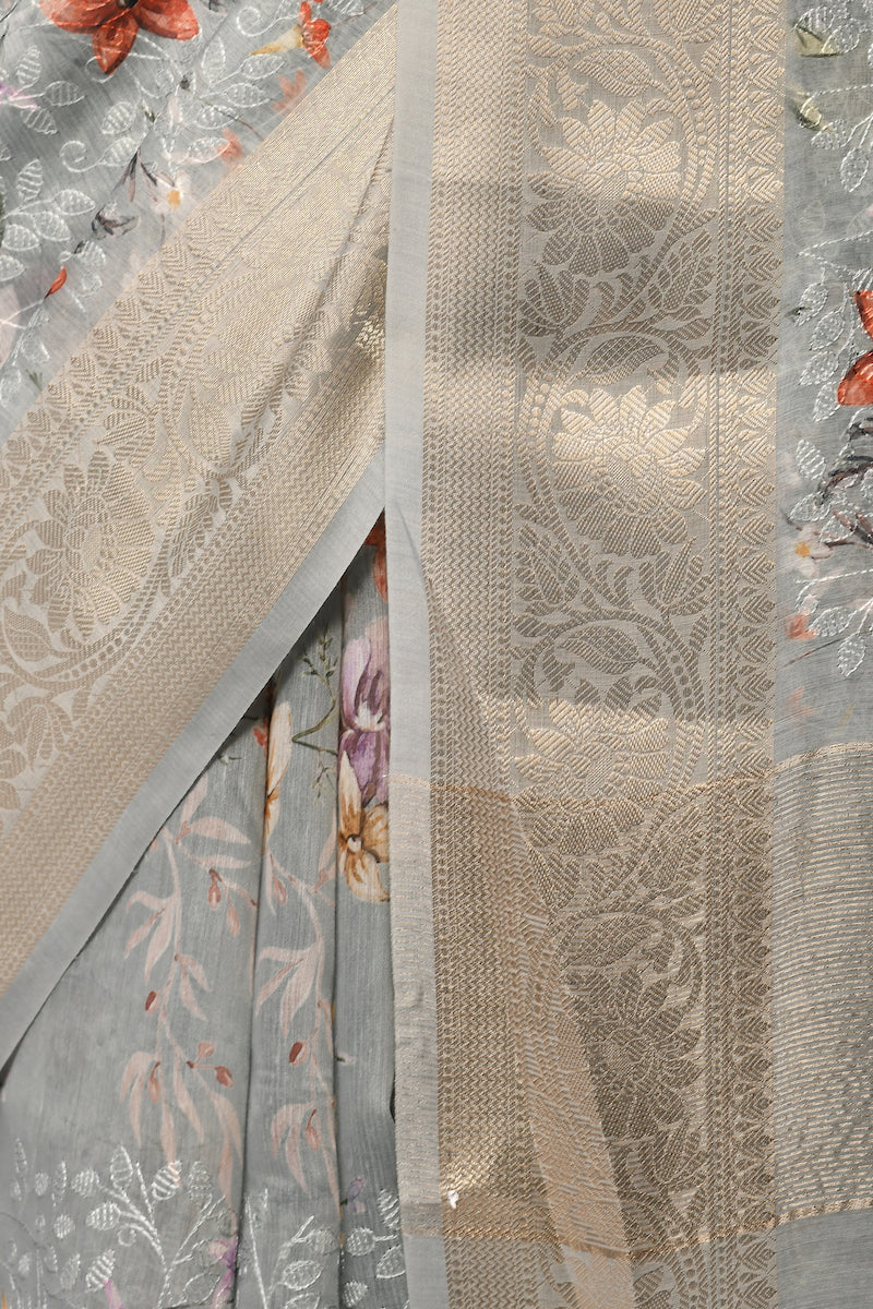 Grey Embroidery Pure Cotton Silk Saree