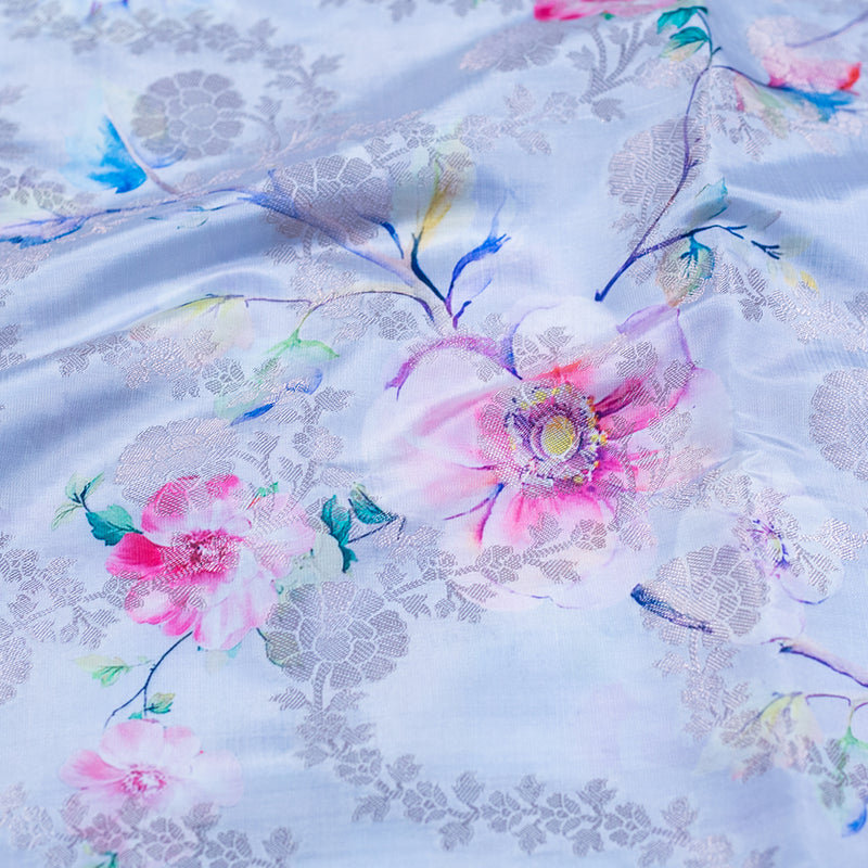 Pastel Blue Semi Silk Printed Saree