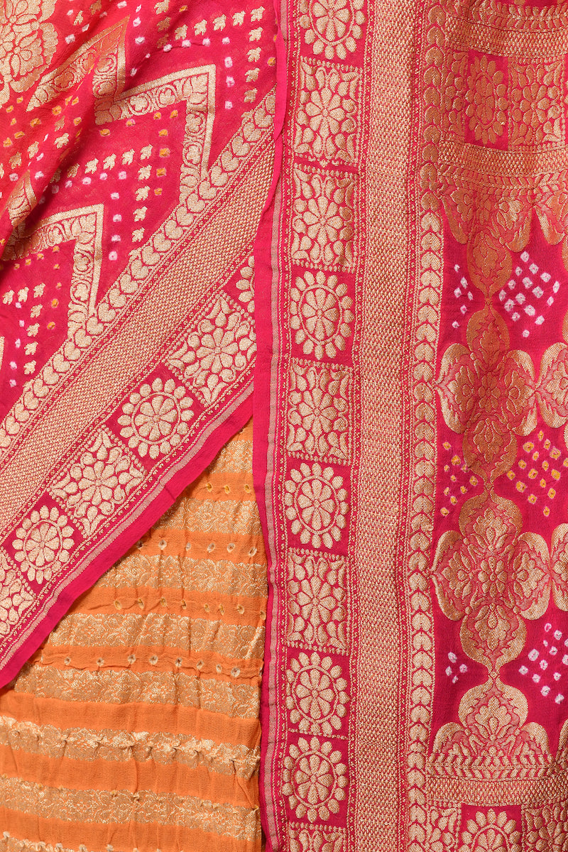 Orange-Pink Bandhani Pure Khaddi Georgette Handloom Silk Saree