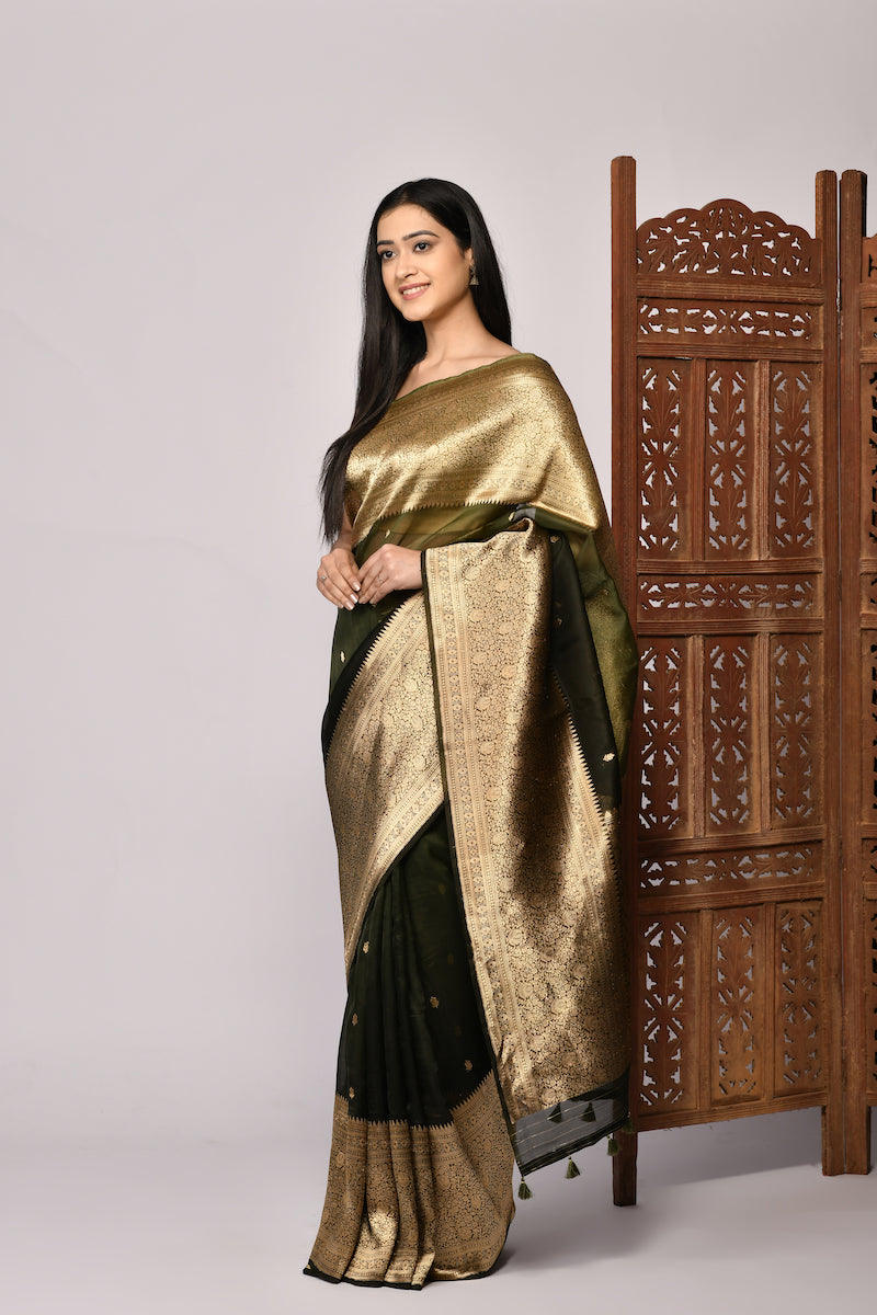 Bottle Green Pure Organza Silk Saree with gold zari Border