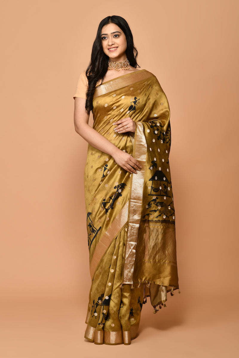 Gold Printed Pure Chinya Silk Saree