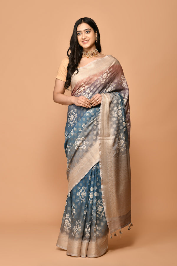Blue Printed-Weaving Pure Cotton Silk Saree