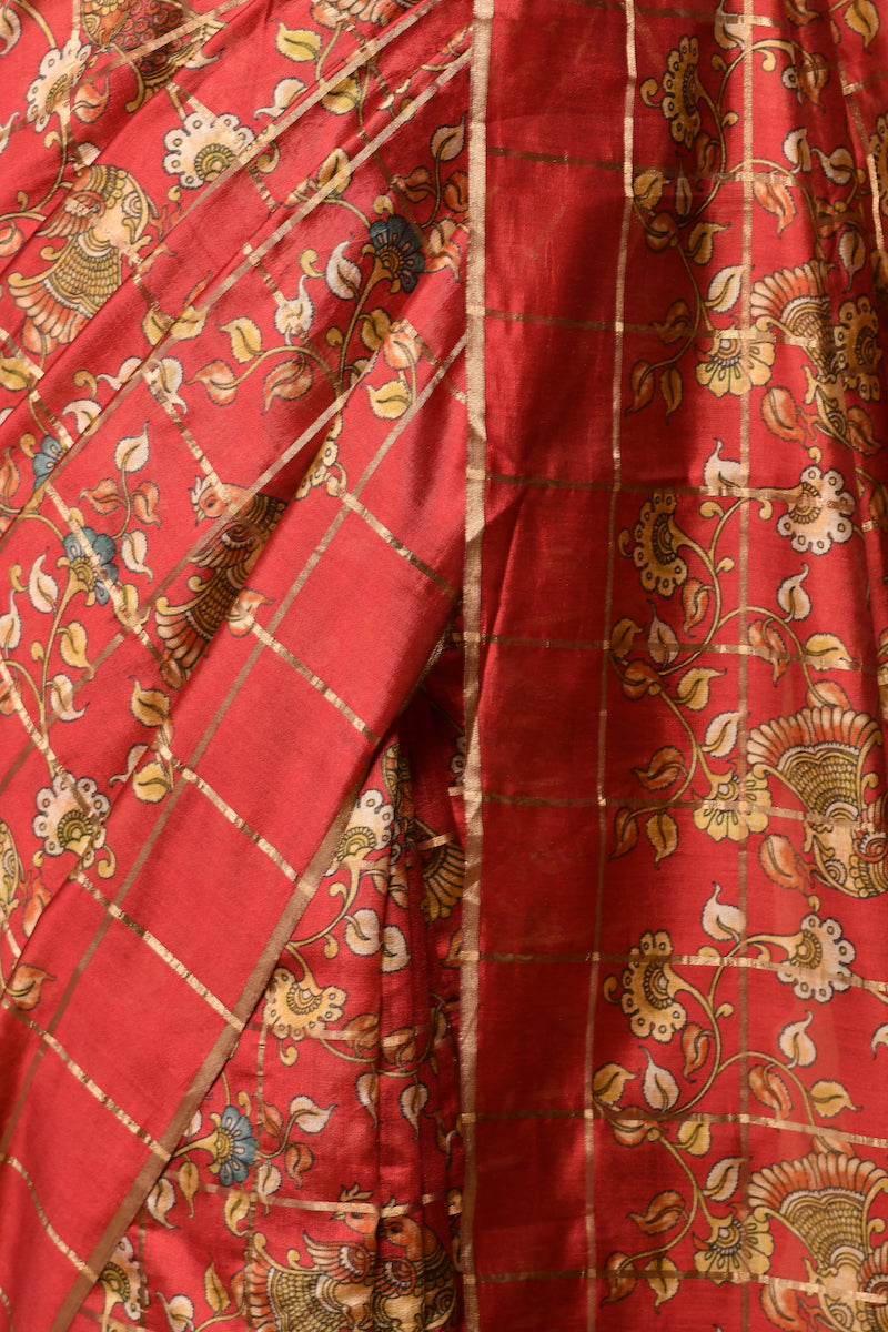 Red Floral Printed Pure Chinya Silk Saree