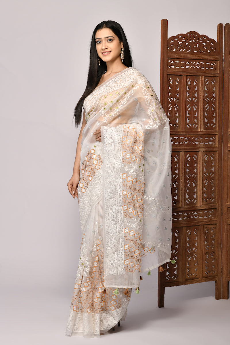 White Embroidery Pure Organza Silk Saree