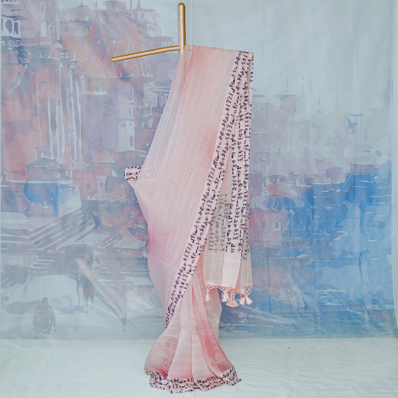 Pastel Pink Pure Organza Printed Banarasi Saree