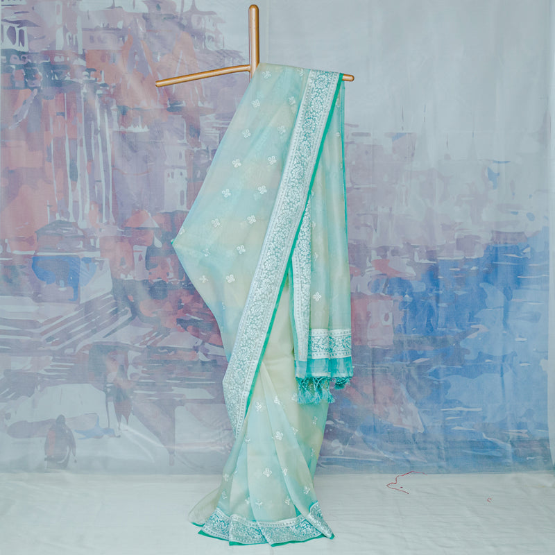 Blue Pure Organza with Embroidery Saree