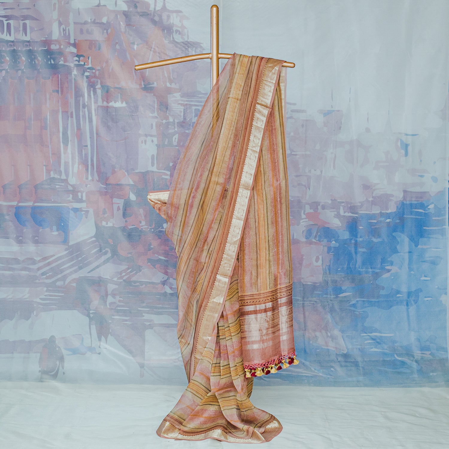 Multi Color Pure Organza Printed Banarasi Saree - Banarasiya