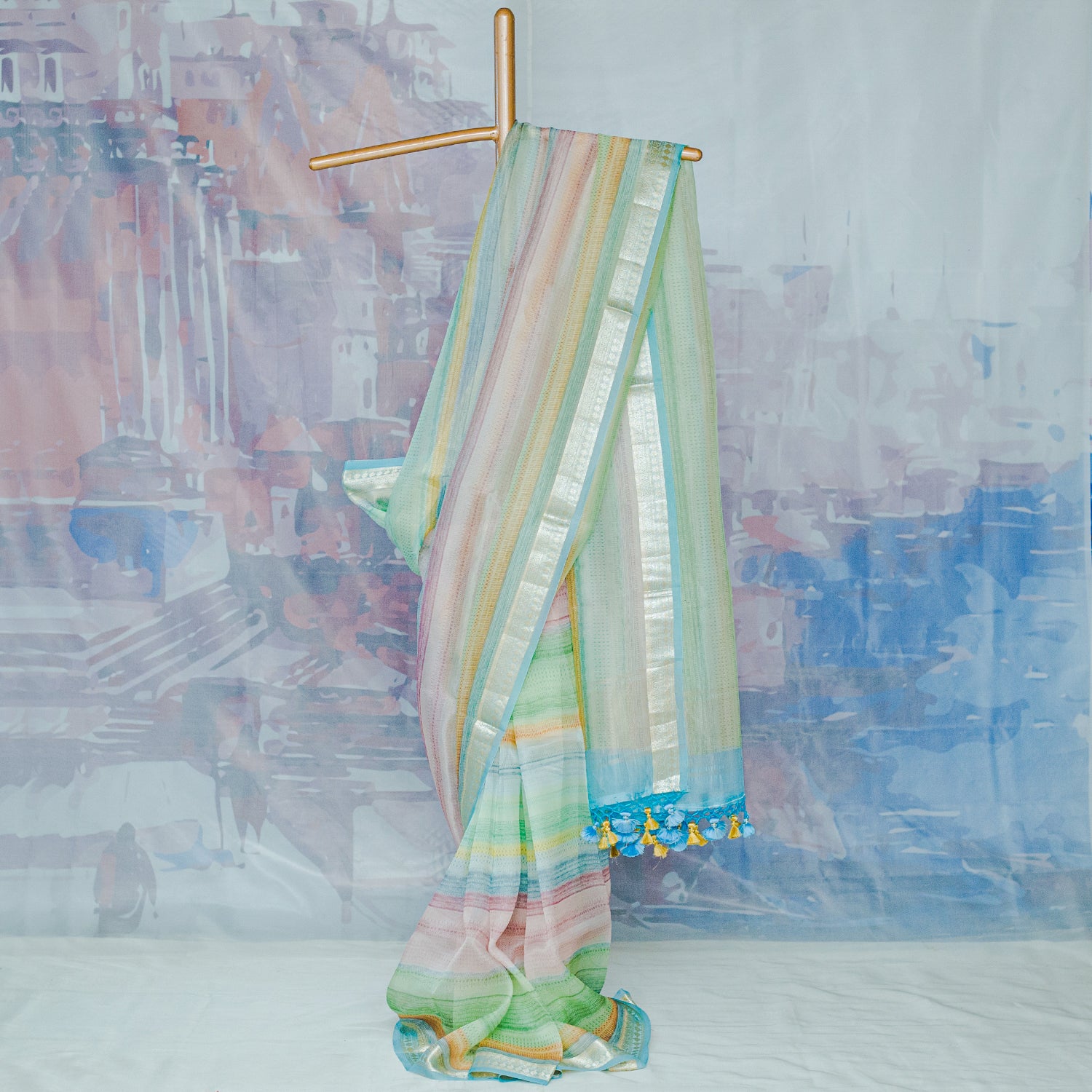 Multi Color Pure Organza Printed Banarasi Saree - Banarasiya
