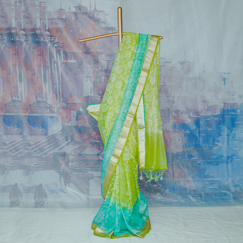 Green-Blue Shaded Pure Organza Printed Banarasi Saree