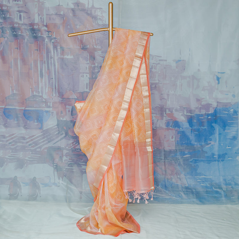 Peach-Pink Rangkat Pure Organza Printed Banarasi Saree