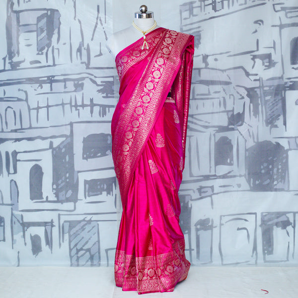 wine pure katan silk saree with pink silk cropped shirt blouse