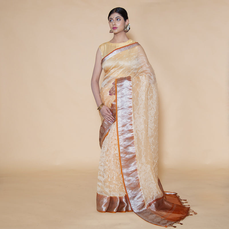 Cream Bhandhani Pure Organza Silk Saree