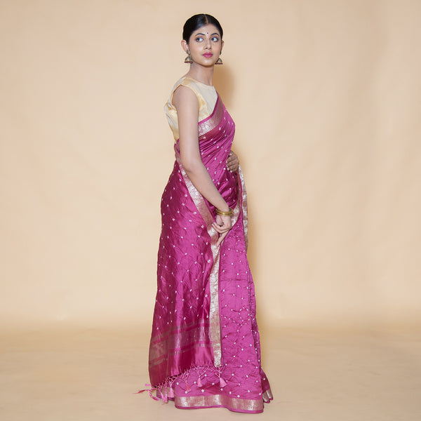 Pink Bandhani Pure Chinya Silk Saree